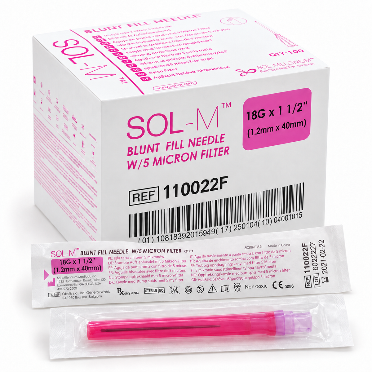 Sol-M Blunt Fill Needle 18G x 1½" with 5 Micron Filter – Box of 100