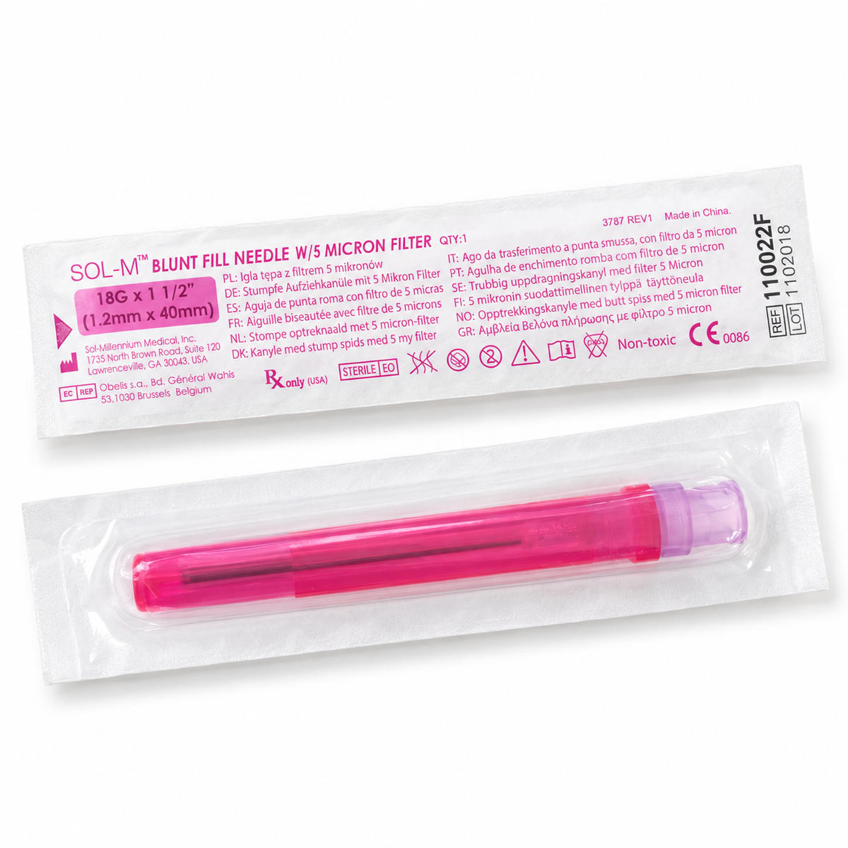 Sol-M Blunt Fill Needle 18G x 1½" with 5 Micron Filter – Box of 100