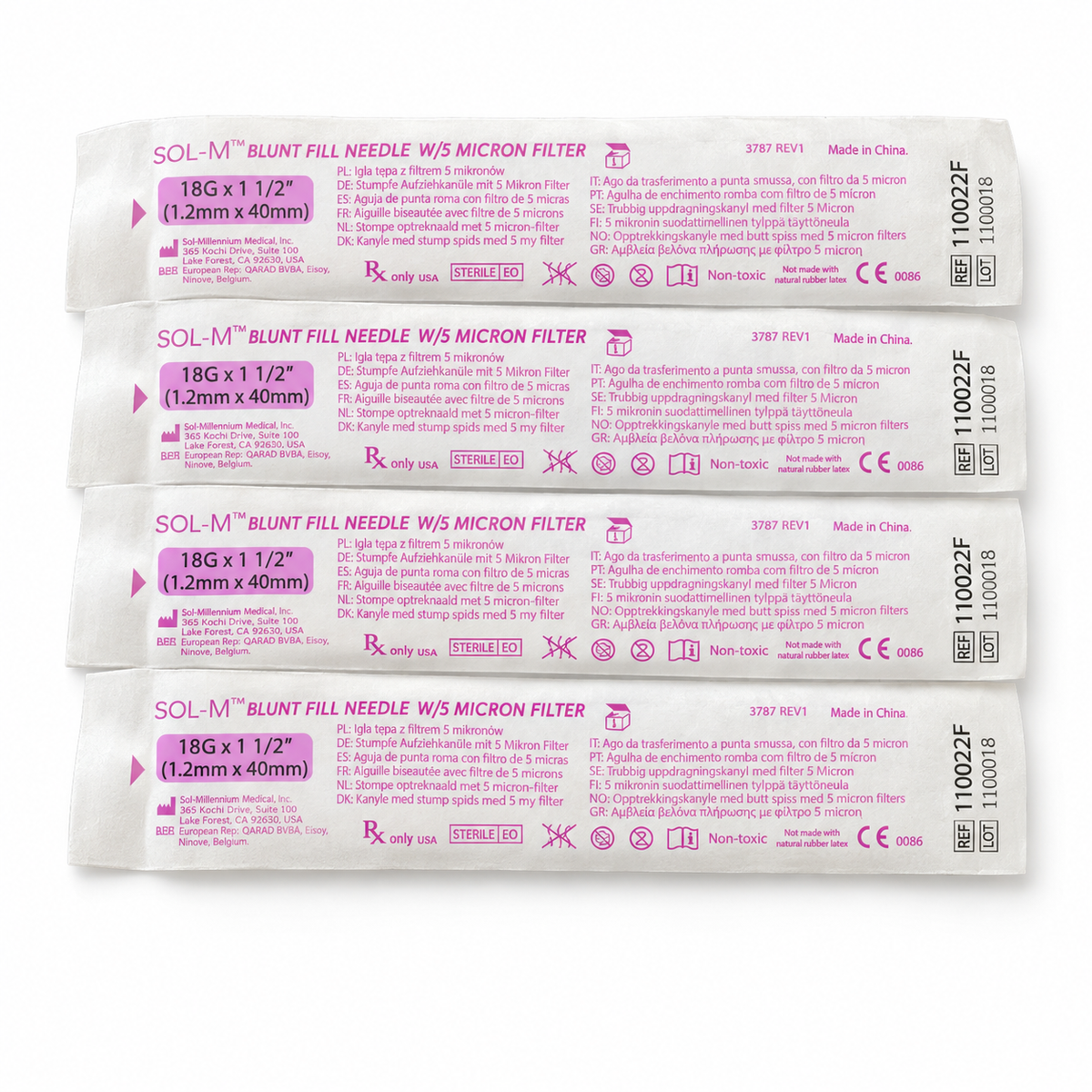 Sol-M Blunt Fill Needle 18G x 1½" with 5 Micron Filter – Box of 100